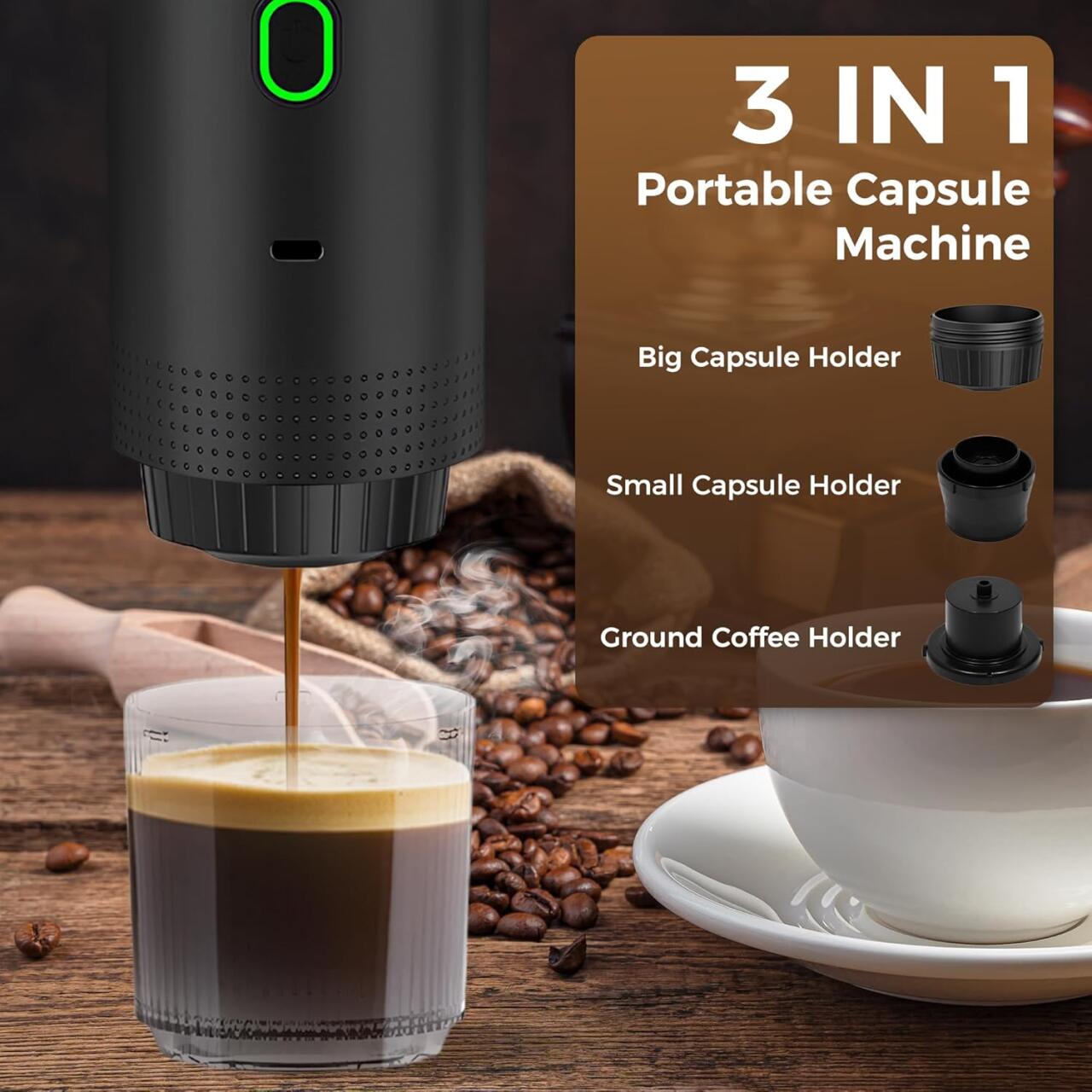 3-in-1 Portable Coffee Maker – Compact and Rechargeable Espresso Machine for Capsules, Ground Coffee, and Instant Coffee